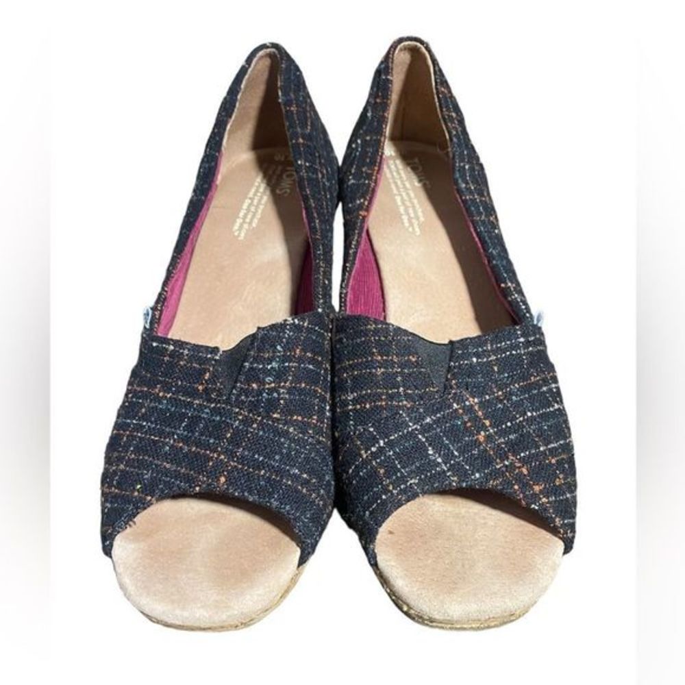 Toms Peep Toe Emma Pumps Cork‎ Wedge Tweed Black Multi Plaid Size 10
